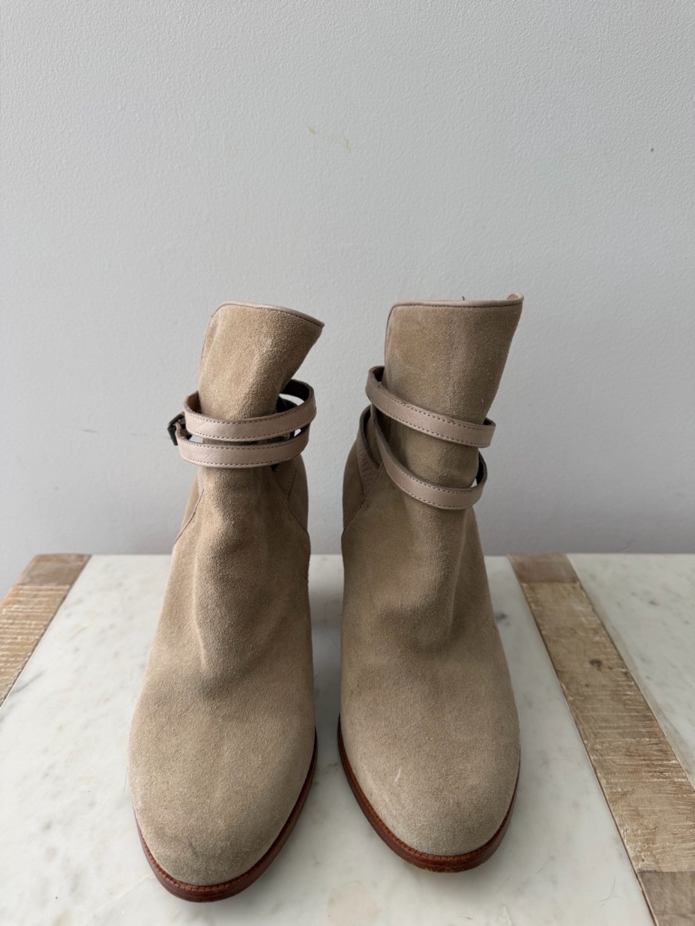 AllSaints Taupe Suede Ankle Booties with Wrap Strap